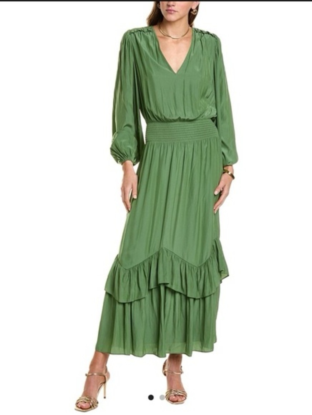 Ramy Brook Green Satin Maxi Dress S Smocked Waist Tiered Ruffle Wedding Guest